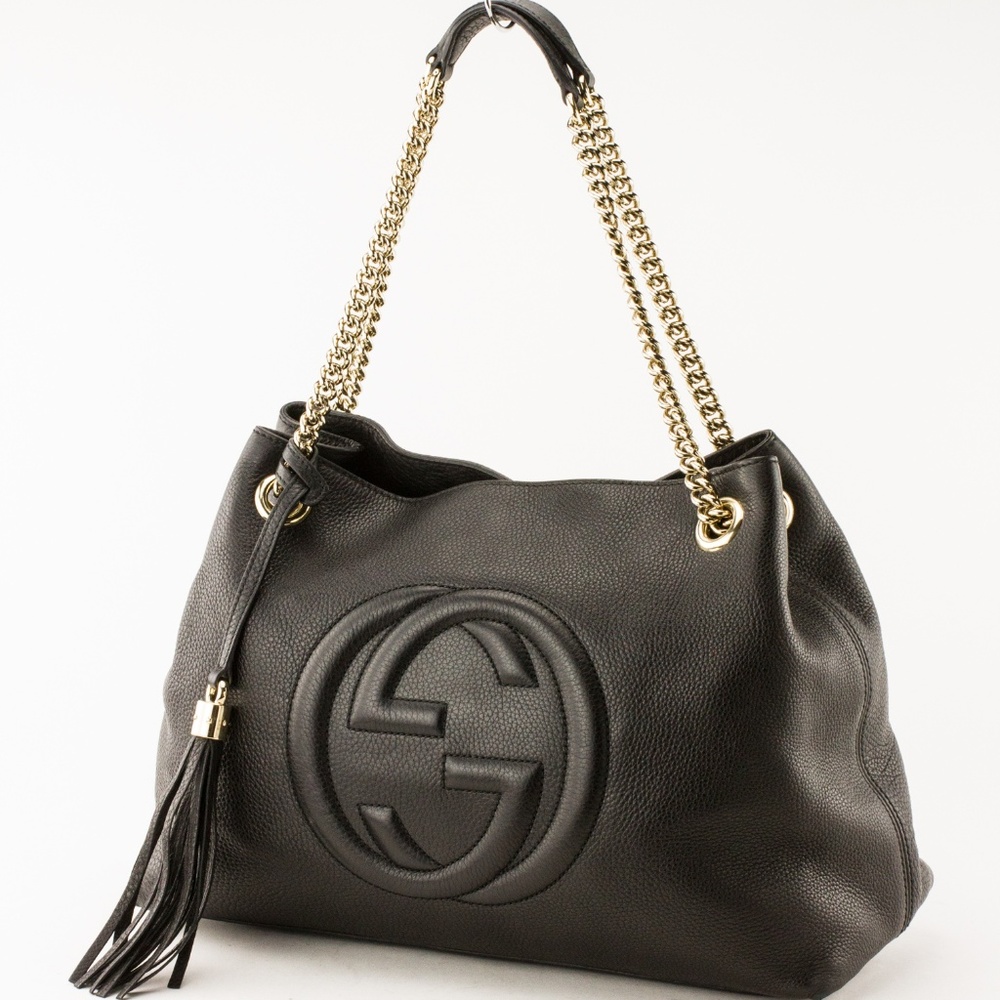 Gucci Black Leather Soho Gold Chain Strap Tote Bag